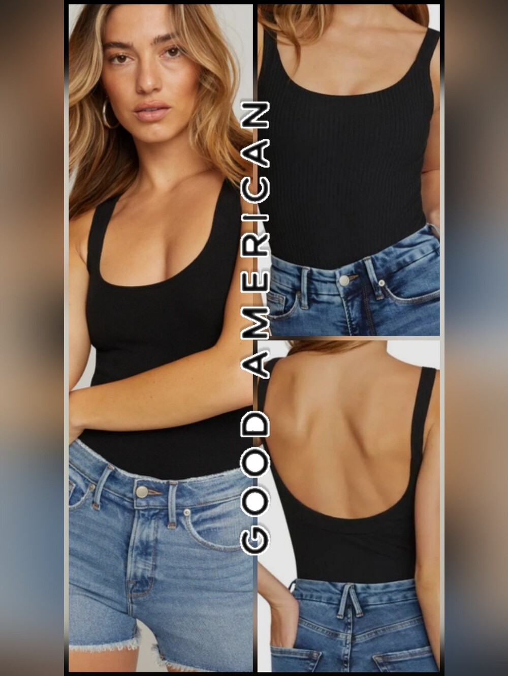 Good American Black Ribbed Scoop Neck Bodysuit In Pitch Black